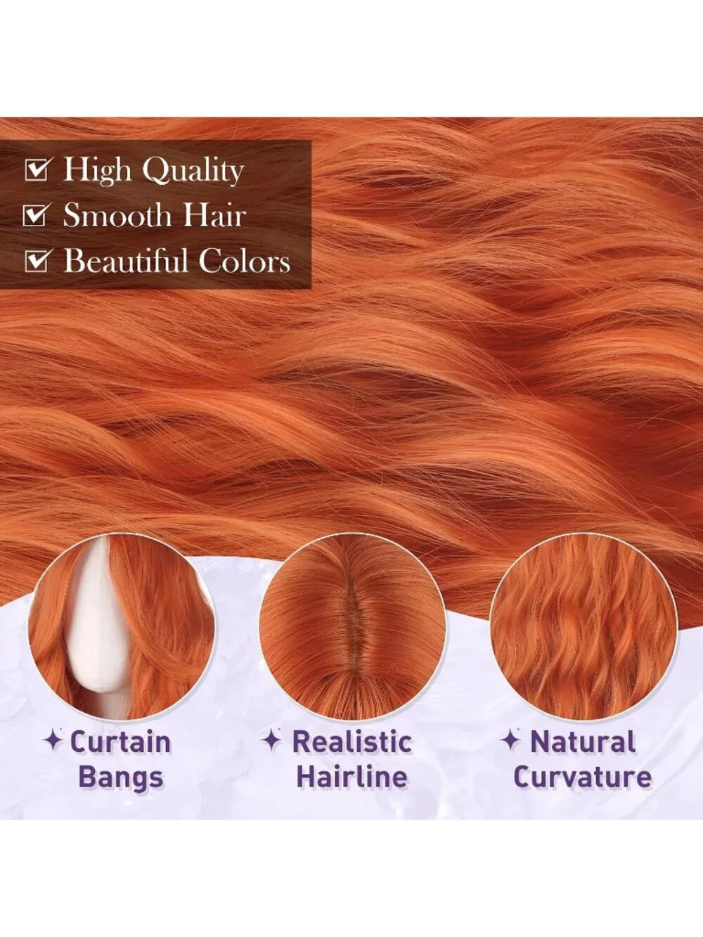 Women's Red Auburn 26 Inch Heat Resistant Curtain Bangs Long Wavy Wigs